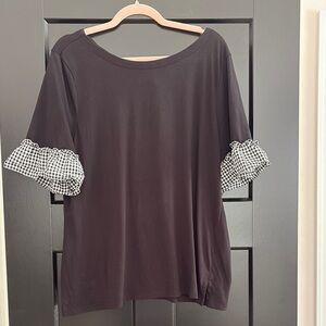 Talbots Black Ruffled Gingham Short Sleeve T-Shirt Plaid Tie in Back. Size XL